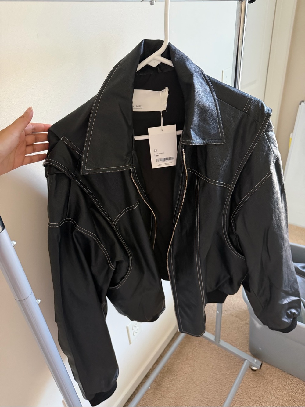 Oak + Fort Women’s Black Faux Leather Jacket with Contrast Stitching